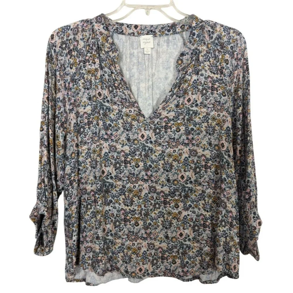 Roan + Ryan 3/4" balloon sleeve V neck floral print pull over blouse size S - Picture 8 of 12